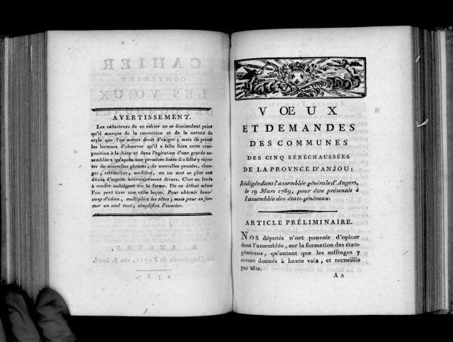 Cahier contenant les voeux des communes de la province d'Anjou