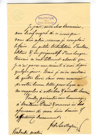 Correspondance de F. de Lasteyrie [à Pierre-Jean David d'Angers]