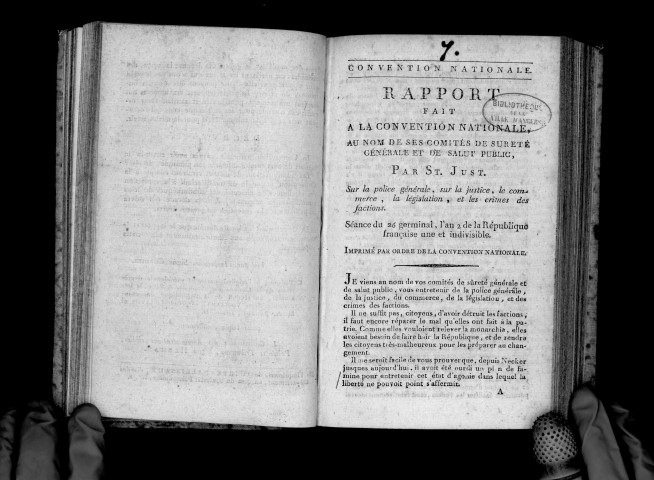 Rapport fait à la Convention nationale par Saint-Just, sur la police générale, sur la justice, le commerce, et les crimes des factions. Séance du 26 germinal an II