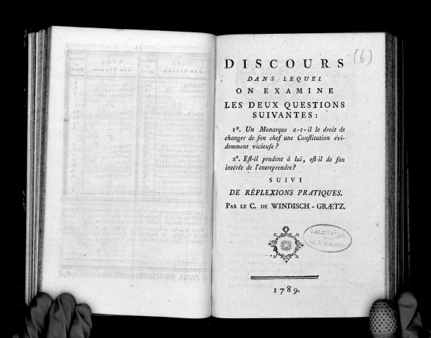 Discours dans lequel on examine les deux questions : Un monarque a-t-il le droit de changer de son chef une Constitution évidemment vicieuse ? Est-il prudent à lui, est-il dans son intérêt de l'entreprendre ?, par le C. de Windisch-Graetz