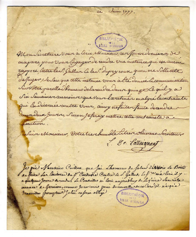 Correspondance de L. de Lattaignant [à M. Mayet, procureur au Parlement]