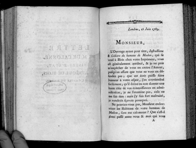Lettre de M. de Calonne, ministre d'Etat, à M. l'évêque de Blois, sur le cahier de Madon