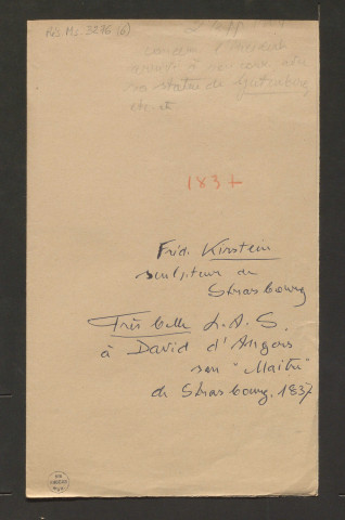 Correspondance passive de Pierre-Jean David d'Angers provenant de la collection d'André Bruel. Dossier 6, Lettre autographe de Joachim-Frédéric Kirstein à David d'Angers