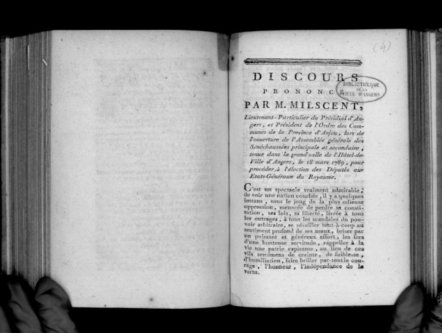 Discours prononcé par M. Milscent, lieutenant particulier du Présidial d'Angers, le 18 mars 1789, pour procéder à l'élection des députés aux Etats-Généraux du royaume