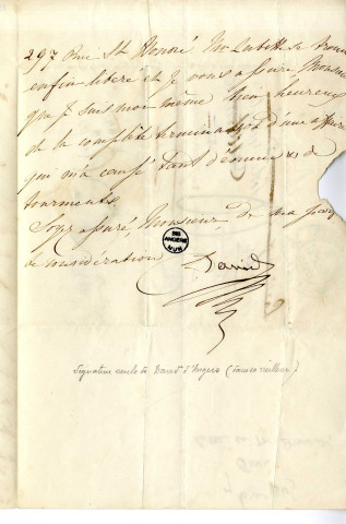 Pièce 6 - Lettre de David d'Angers à M. Le Fauconnier, à Tarbes