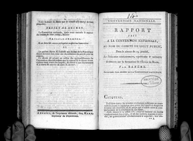 Rapport fait à la Convention, séance du 13 prairial, par Barrère, sur l'éducation révolutionnaire, républicaine et militaire, et décret sur la formation de l'Ecole de Mars