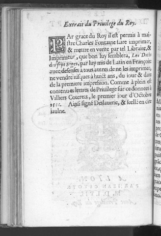 Les dicts des Sept Sages, ensemble plusieurs autres sentences latines, extraites de divers bons et anciens auteurs, avec leur exposicion françoise, par Charles Fontaine, parisien