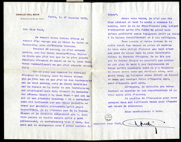 Lettres de Charles Mutin (Manufacture d'orgues Aristide Cavaillé-Coll) à Jean Huré