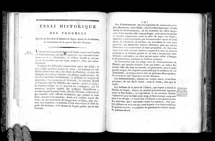 Compte public de l'administration du district de Segré, département de Maine-et-Loire. Suivi d'un Essai historique des troubles qui ont eu lieu dans le district de Segré..., et d'un projet détaillé des moyens à employer pour la destruction des brigands...