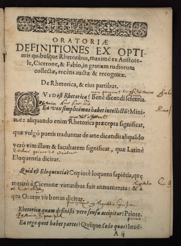 Orationae definitiones ex optimis quibusque rhetoribus, maxime ex Aristotele, Cicerone, et Fabio, in gratiam rudiorum collectae, recens auctae et recognitae, Per Hubertum Morum Ambianum
