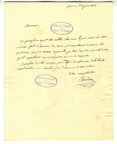 Correspondance du conventionnel Choudieu avec Pierre-Jean David d'Angers