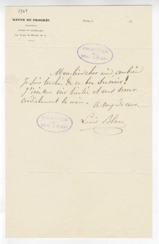 Correspondance de Louis Blanc, membre du gouvernement provisoire [à Pierre-Jean David d'Angers]