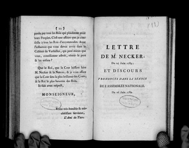 Lettre de M. Necker du 24 juin 1789, et discours prononcés à l'Assemblée nationale le 25 juin 1789