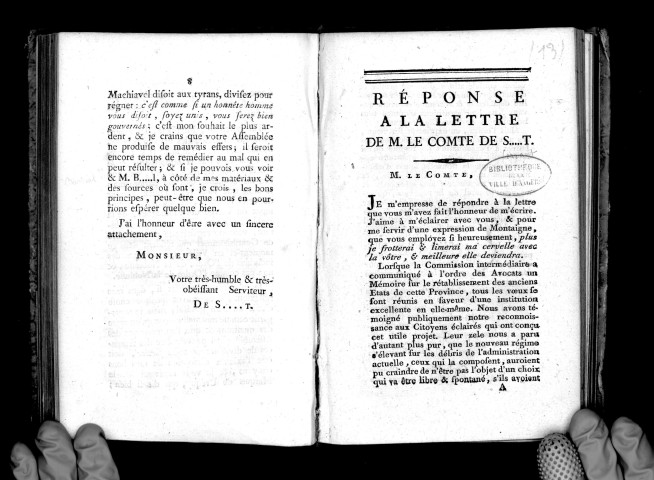 Réponse à la lettre de M. le comte de S...t (de Serrant), Signé Del...y (Delaunay)