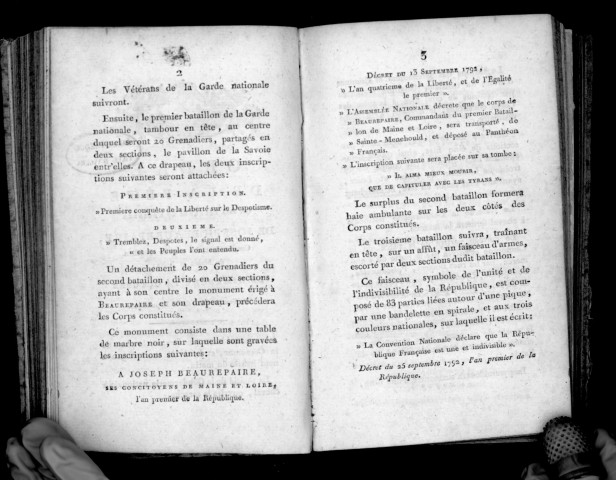Ordre de la fête qui sera célébrée en l'honneur de Joseph Beaurepaire, commandant du premier bataillon de Maine et Loire ; le dimanche 14 octobre de l'an premier de la République.