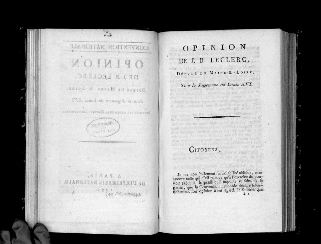 Opinion de J. B. Leclerc, député de Maine-{et}-Loire, sur le jugement de Louis XVI ; imprimée par ordre de la Convention nationale.