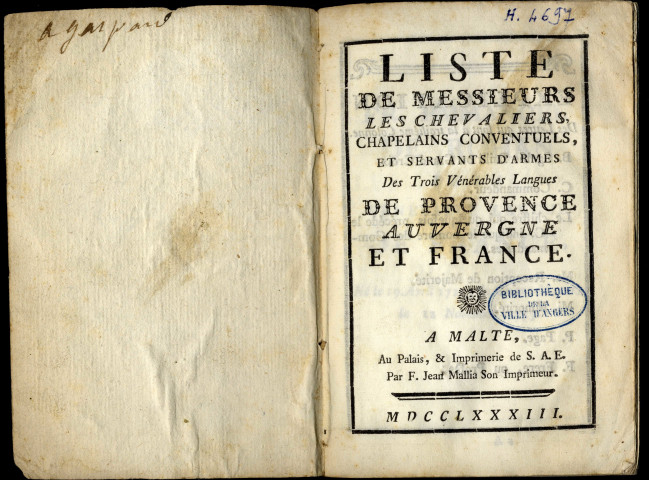 Liste de messieurs les chevaliers, chapelains, conventuels et servants d'armes des Trois Vénérables Langues de Provence, Auvergne et France