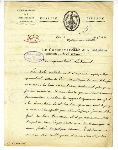 Correspondance de A.-L. Millin [à Joseph Lakanal]