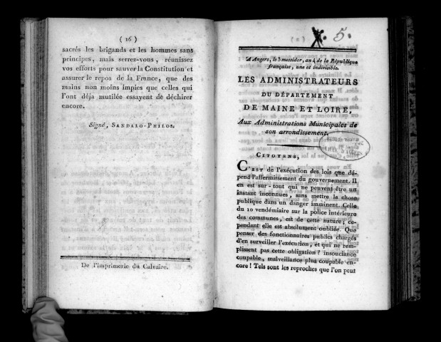 Les administrateurs du département de Maine-et-Loire aux administrations municipales de son arrondissement