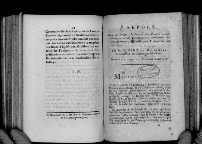 Rapport sur le projet de décret des comités ecclésiastique et de Constitution, concernant les empêchements, les dispenses et la forme des mariages, par M. Durand de Maillane