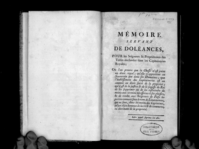 Mémoire servant de doléances pour les seigneurs et propriétaires des terres enclavées dans les capitaineries royales