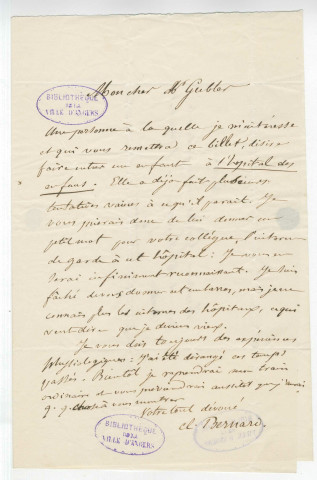 Correspondance de Claude Bernard [à Adolphe Gubler]