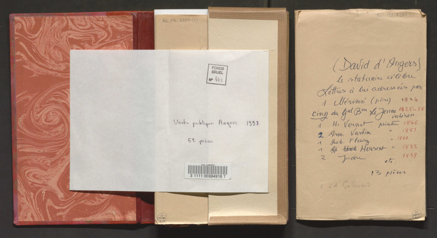 Correspondance passive de Pierre-Jean David d'Angers provenant de la collection d'André Bruel, et notes et pièces diverses. Dossier 1, Lettres autographes de Mérimée père, du général Baron Le Jeune, H. Vernet, Armand Vastine, Robert Fleury, Hersent, Sudré et A. Galimard