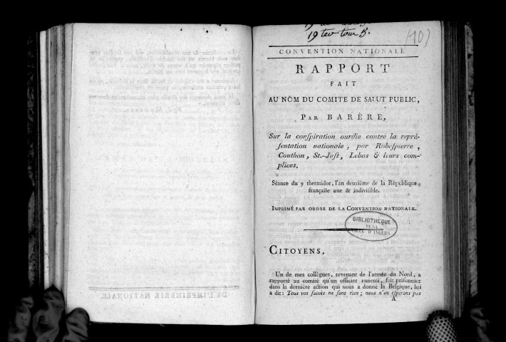 Rapport à la Convention par Barère sur la conspiration de Robespierre, Couthon, Saint-Just, etc. 9 thermidor an II