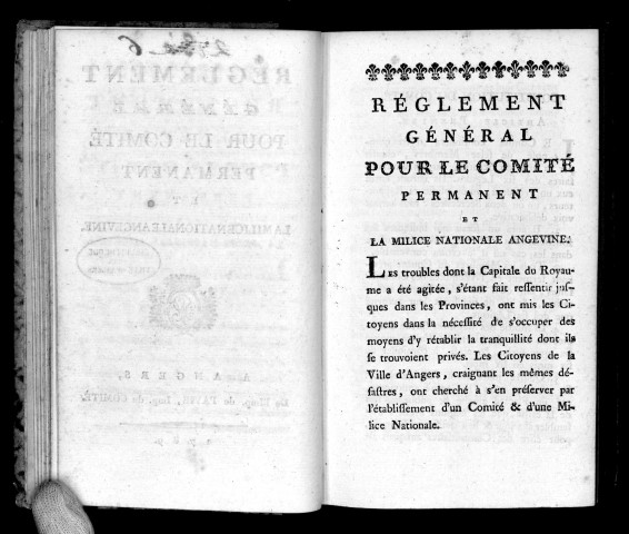 Règlement général pour le comité permanent et la milice nationale angevine