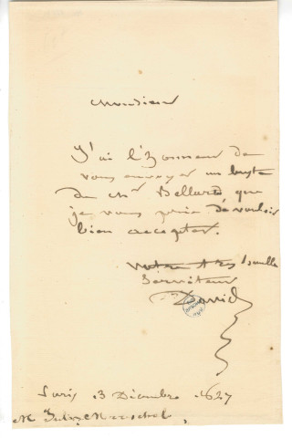 Lettre de David d'Angers à M. Jules Mareschal