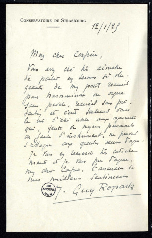 Lettre de Guy Ropartz à Jean Huré