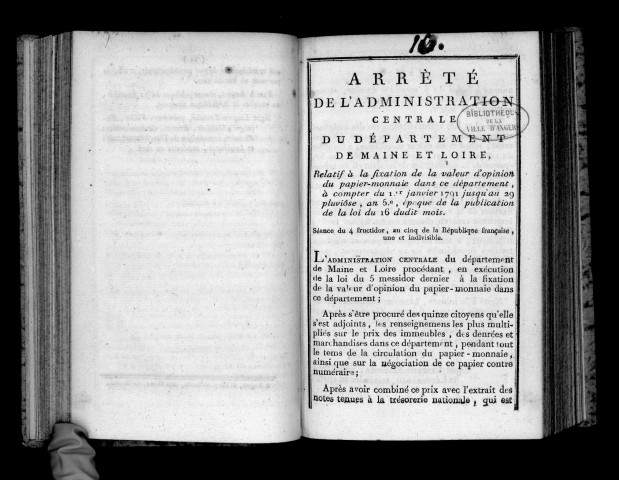 Arrêté de l'administration centrale du département de Maine-et-Loire, relatif à la fixation de la valeur d'opinion du papier-monnaie dans ce département