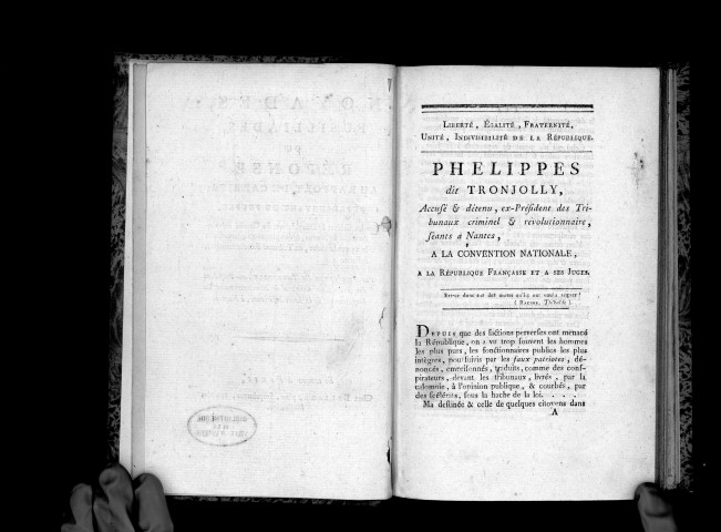 Noyades, Fusillades, ou Réponse au rapport de Carrier, représentant du peuple, sur les crimes et dilapidations du Comité révolutionnaire de Nantes..., par Phelippes, dit Tronjolly