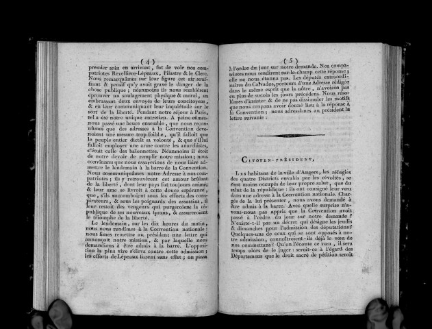 Rapport des Commissaires chargés de présenter à la Convention l'adresse arrêtée, le 29 mai 1793, par les citoyens de la ville d'Angers, et par les réfugiés des quatre districts, d'Angers, de Vihiers, de Chollet et de Montglonne. Louis-Marie Revellière-Lépeaux, député de Maine-et-Loire, à la Convention nationale, à ses Commettants, Déclaration des citoyens Revellière-Lépeaux, Pilastre, Leclerc et Maignan, députés de Maine-et-Loire, relativement aux événements du 31 mai dernier