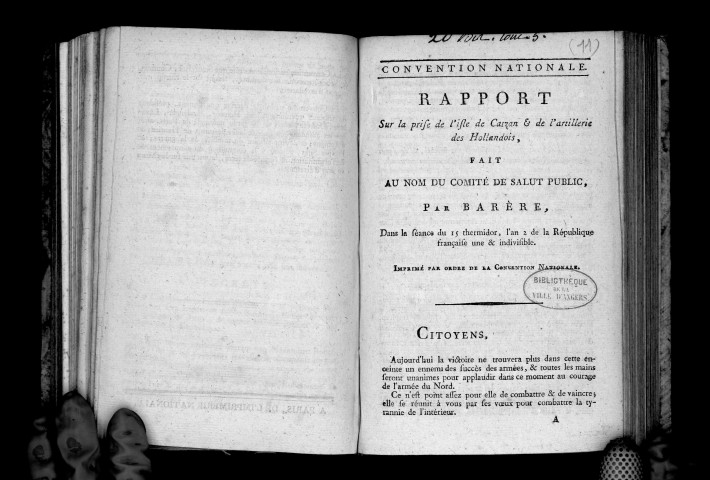 Rapport à la Convention par Barère sur la prise de l'île de Catran et de l'artillerie des Hollandois. 15 thermidor an II
