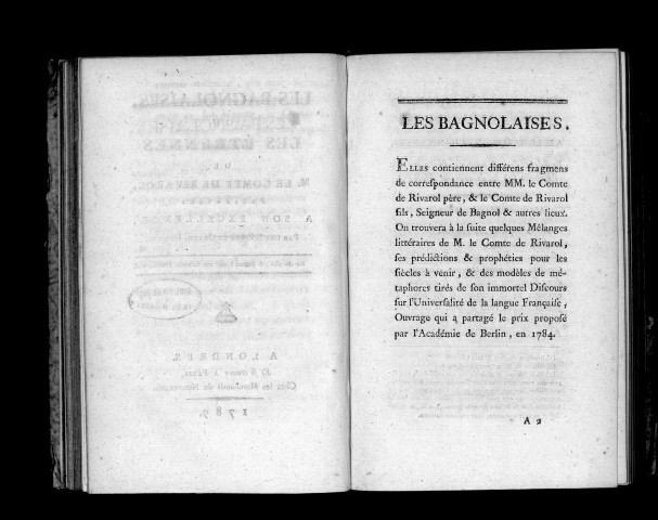 Les bagnolaises ou les étrennes de M. le comte de Rivarol, présentées à Son Excellence par une société de grands hommes