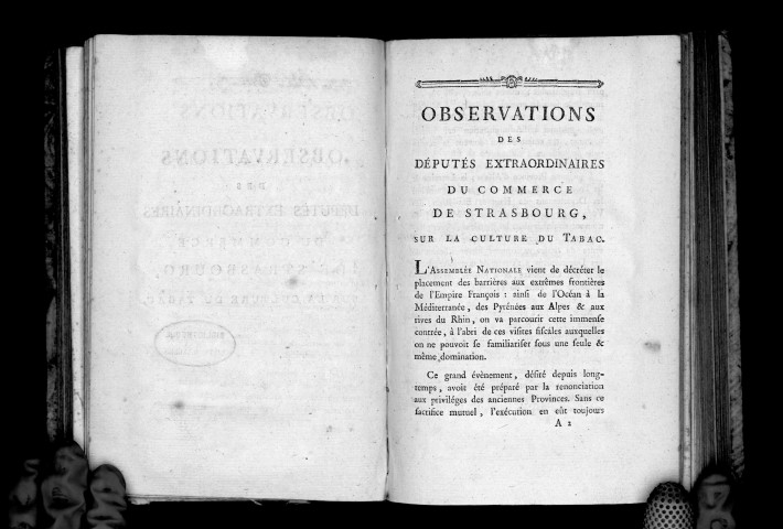 Observations des députés extraordinaires du commerce de Strasbourg sur la culture du tabac