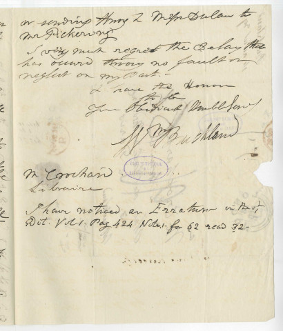 Correspondance de Buckland [à Crochard, libraire]