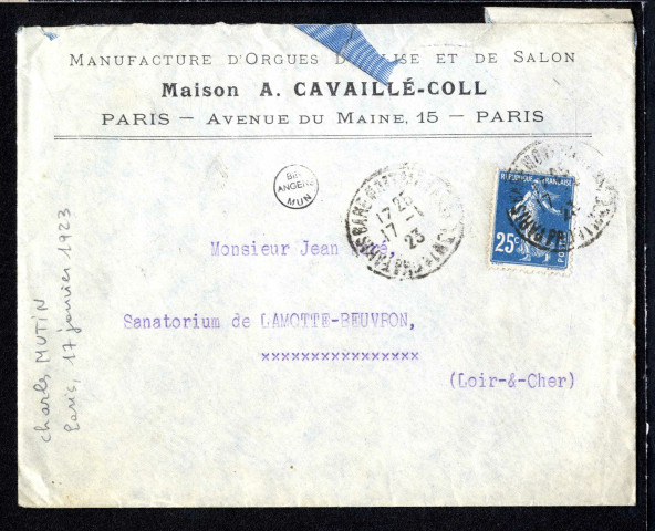 Lettres de Charles Mutin (Manufacture d'orgues Aristide Cavaillé-Coll) à Jean Huré