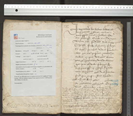 « Inventaire des lectres, tiltres et enseignemens apartenans aux curé, parroissiens, manans et habitans de la parroisse Saincte-Croix d'Angiers »