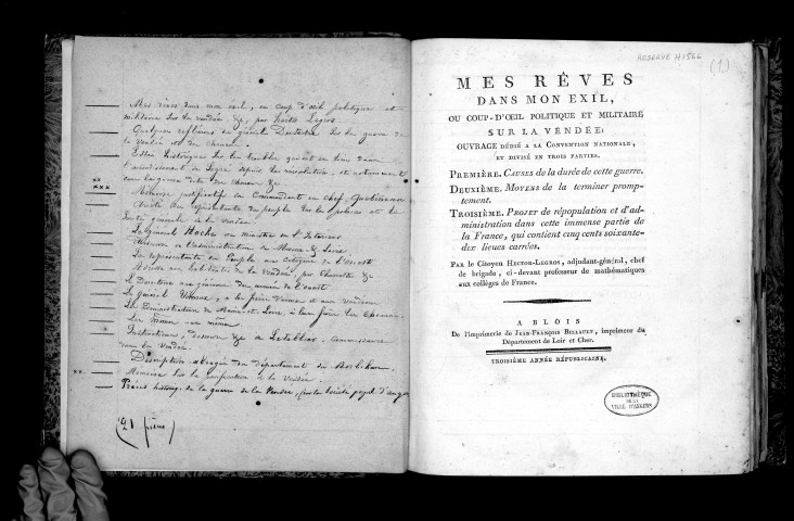 Mes rêves dans mon exil, ou coup d'oeil politique et militaire sur la Vendée..., par le citoyen Hector Legros, adjudant général