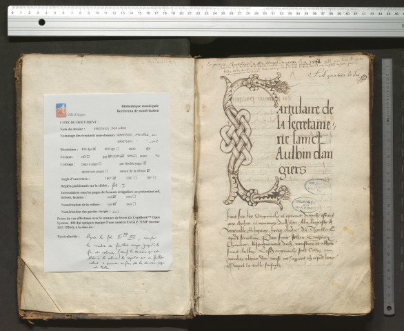 « Cartulaire de la secrétainerie Sainct-Aulbin d'Angers, faict sur les originaulx d'iceulx estans aux arches et armaires dudit lieu, à la requeste de venerable religieux frere André du Thilleul, à present secretain, par frere Jehan Buignon, chantre respectivement dudit monastere et abbaie Sainct-Aulbin »