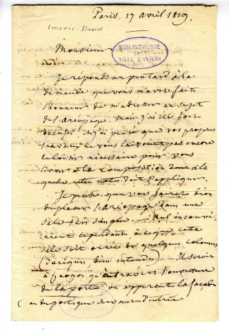 Correspondance d'Emeric-David avec Pierre-Jean David d'Angers