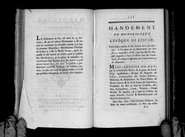 Mandement de Mgr l'évêque de Lescar pour faire chanter le Te Deum dans son diocèse à l'occasion de la déclaration du roi du 23 septembre 1788
