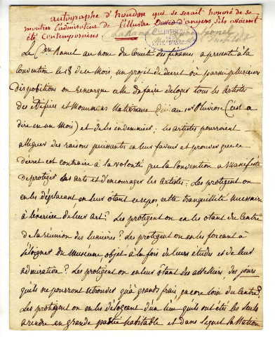 Autographe d'Houdon qui se serait honoré de se montrer l'admirateur de l'illustre David d'Angers, s'ils avaient été contemporains (Lakanal, conventionnel, membre de l'Institut)