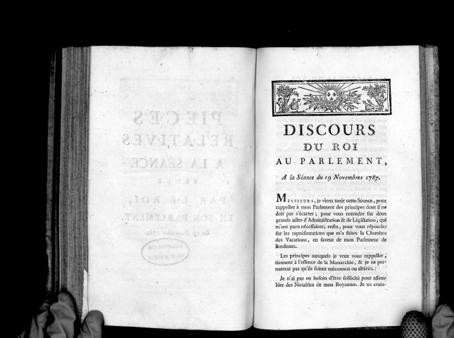 Pièces relatives à la séance tenue par le roi en son Parlement, le 19 novembre 1787