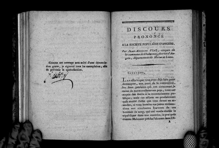 Discours de J.-A. Vial. Fusillades, assassinats, trahisons, abus d'autorité, etc., commis par l'armée terroriste dans le département de Maine-et-Loire. Suivi de pièces justificatives