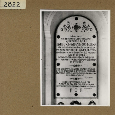 Angers : Chapelle de la Retraite, plaque de la mère de Mgr Freppel