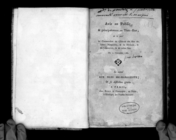 Avis au public, et principalement au tiers-état, de la part du commandant du chateau des Isles de Sainte-Marguerite..., du 10 novembre 1788, (par Servan)