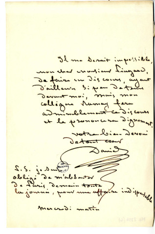 Pièce 4 - Lettre de David d'Angers à Antonius Pingard, chef du secrétariat de la commission centrale de l'Institut de France